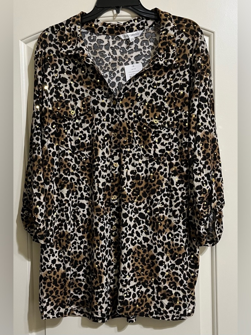 NWT Emily Daniels Leopard Print Gold Sparkle Button Down Top Blouse 2X NEW